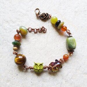 Uniquely Handmade! Semi-Precious Beads Bracelet ~ Woodlands Owls Nature Inspired
